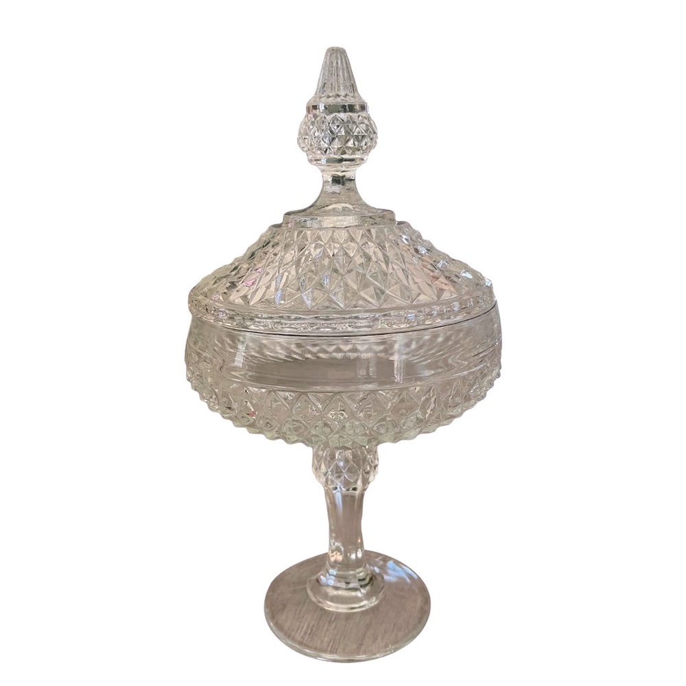 Vintage Indiana Glass Kings Crown Diamond Point Pedestal Apothecary Candy Dish